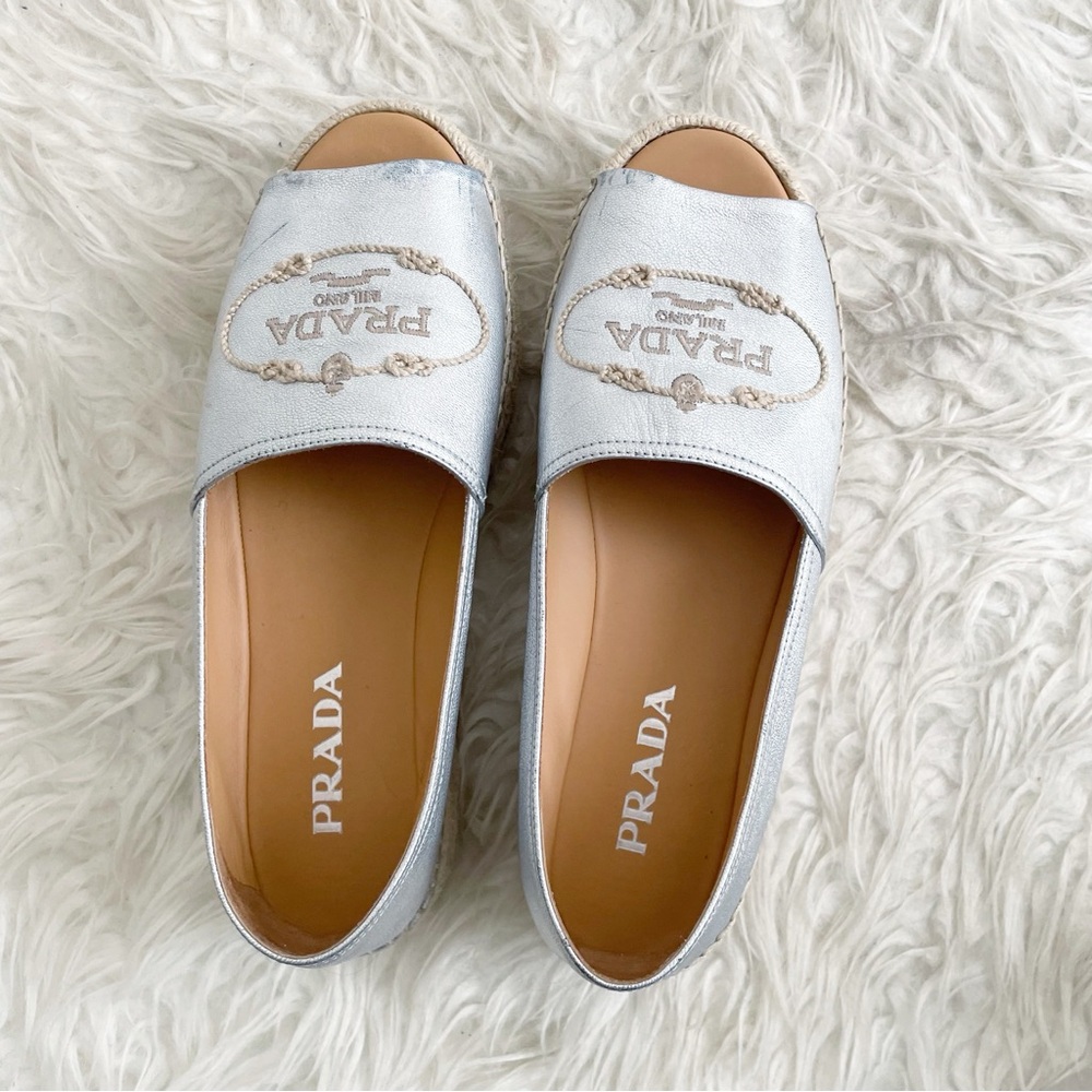 Prada Platform Open Toe Espadrille Silver Leather… - image 7